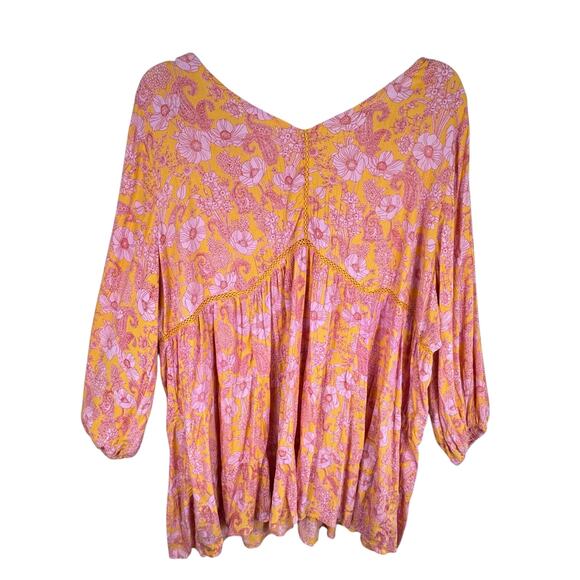 Romantic Gypsy Orange Pink Floral Long Sleeve V-Neck Rayon Flowy Boho Dress 4X - Picture 2 of 9